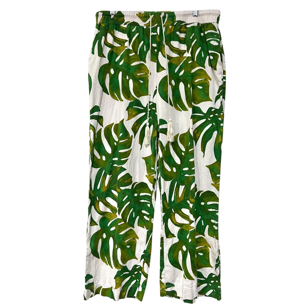 Joie Women's Size XL Linen Blend Palm Leaf Pants Drawstring Green White